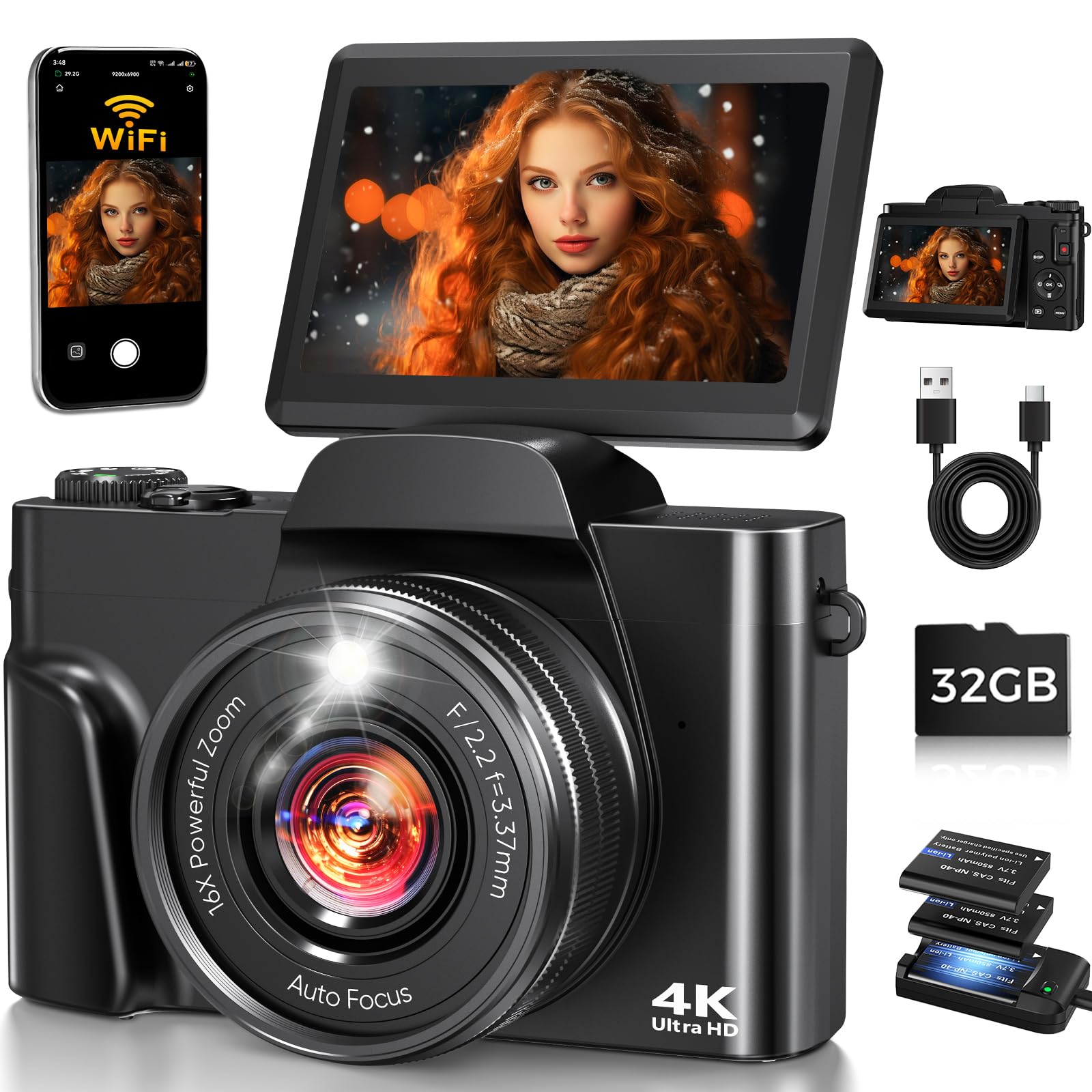 4K Digital Camera WiFi 180° Flip Screen Autofocus 64MP 16X Zoom, Black | Vloggin