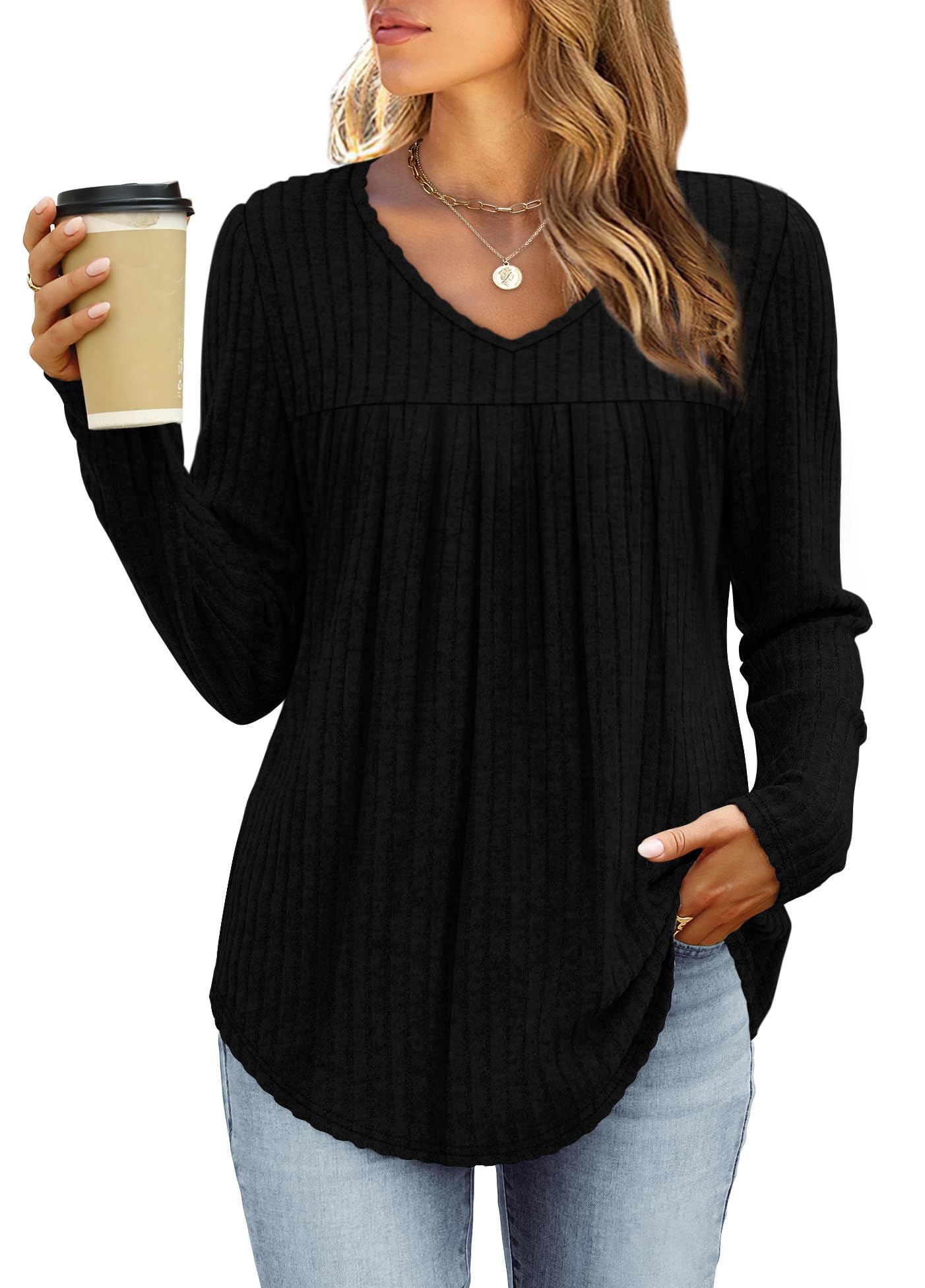 WIHOLL Long Sleeve Shirts for Women V Neck Lightweight Sweaters Casual Tunic Top