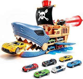 Nuviveen Pirate Ship Toy with 10 Metal Cars, Pirate Toys with Swallowing | Boat Toys for Kids with Eating Car Game, Toy Boat with Stores and Launches, Shark Toys for Boys 3-5 with A fold-out Race