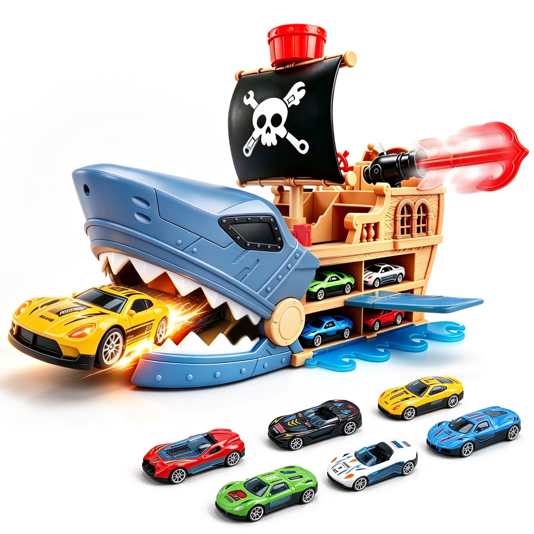 Nuviveen Pirate Ship Toy with 10 Metal Cars, Pirate Toys with Swallowing | Boat 