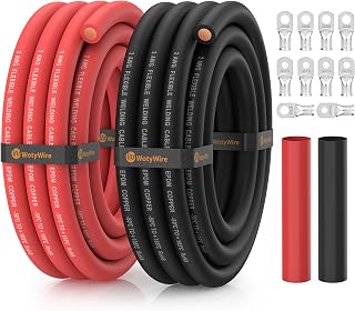 WotyWire 2 Gauge Wire Battery Cable with Lugs, 10FT Red + 10FT Black | EPDM Oxygen-Free Copper Welding Cable, Flexible/Wear Resistant, 3/8" & 5/16" Lugs for Solar, Inverter, Marine, RV, Generator