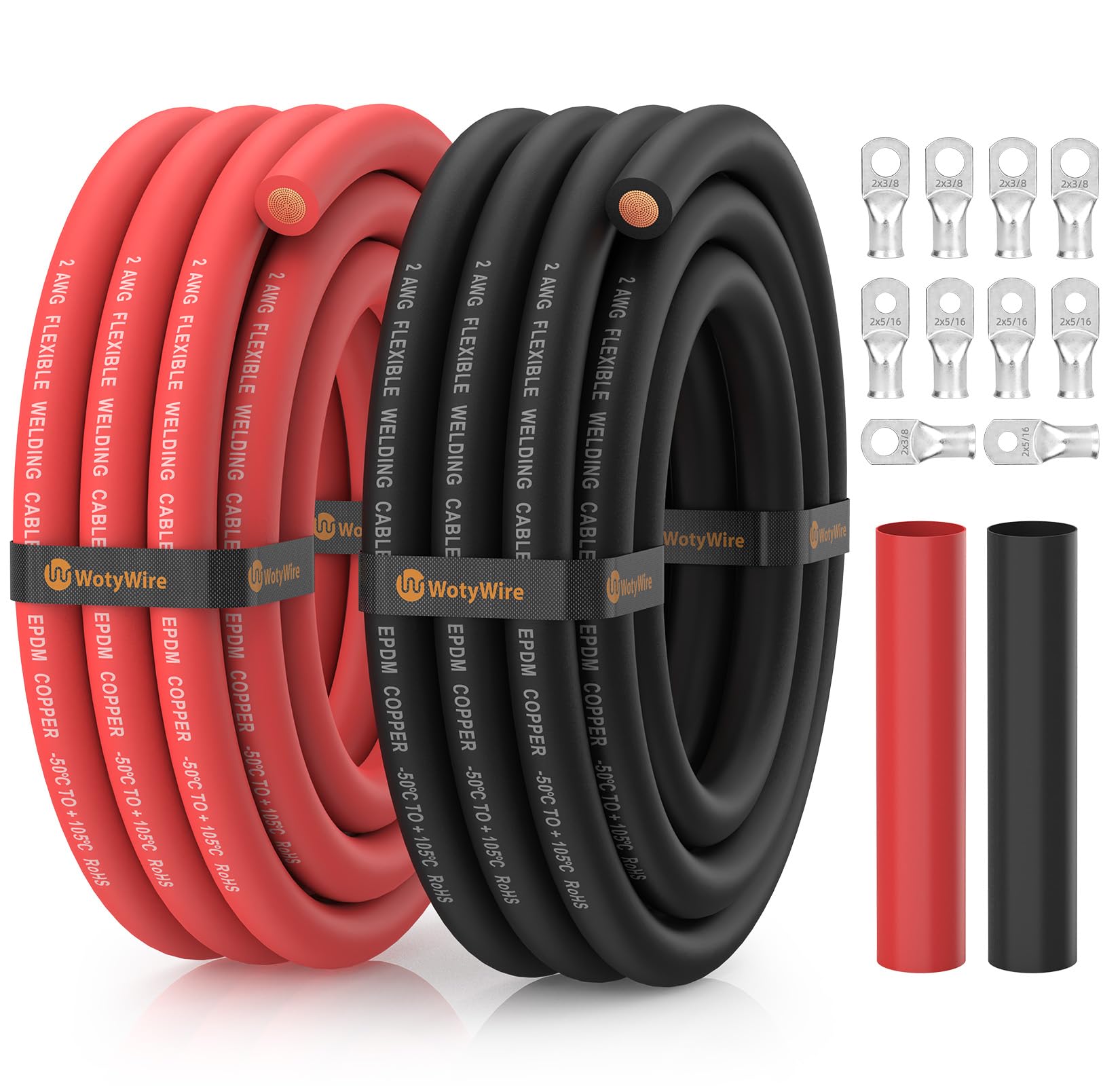 WotyWire 2 Gauge Wire Battery Cable with Lugs, 10FT Red + 10FT Black | EPDM Oxyg