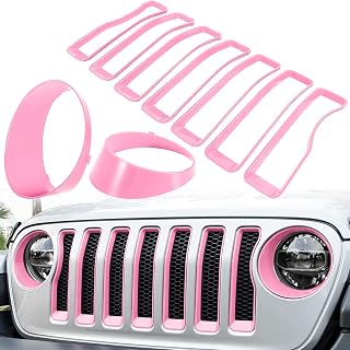 Front Grille Mesh Inserts &amp; Headlight Cover for Jeep Wrangler JL JLU Sport &amp; Sport S Only 2018-2023 Exterior Accessories Clip-in Grille Guard Cover Headlight Bezels Trim Ring (Pink 9PCS)