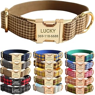 PETDURO Personalized Gingham Plaid Dog Collar Coffee with Name and Phone | Heavy-Duty Engraved Gold Metal Buckle, Adjustable Custom for Small Medium Large Boy Girl Dog - Optional Leash & Bow Tie