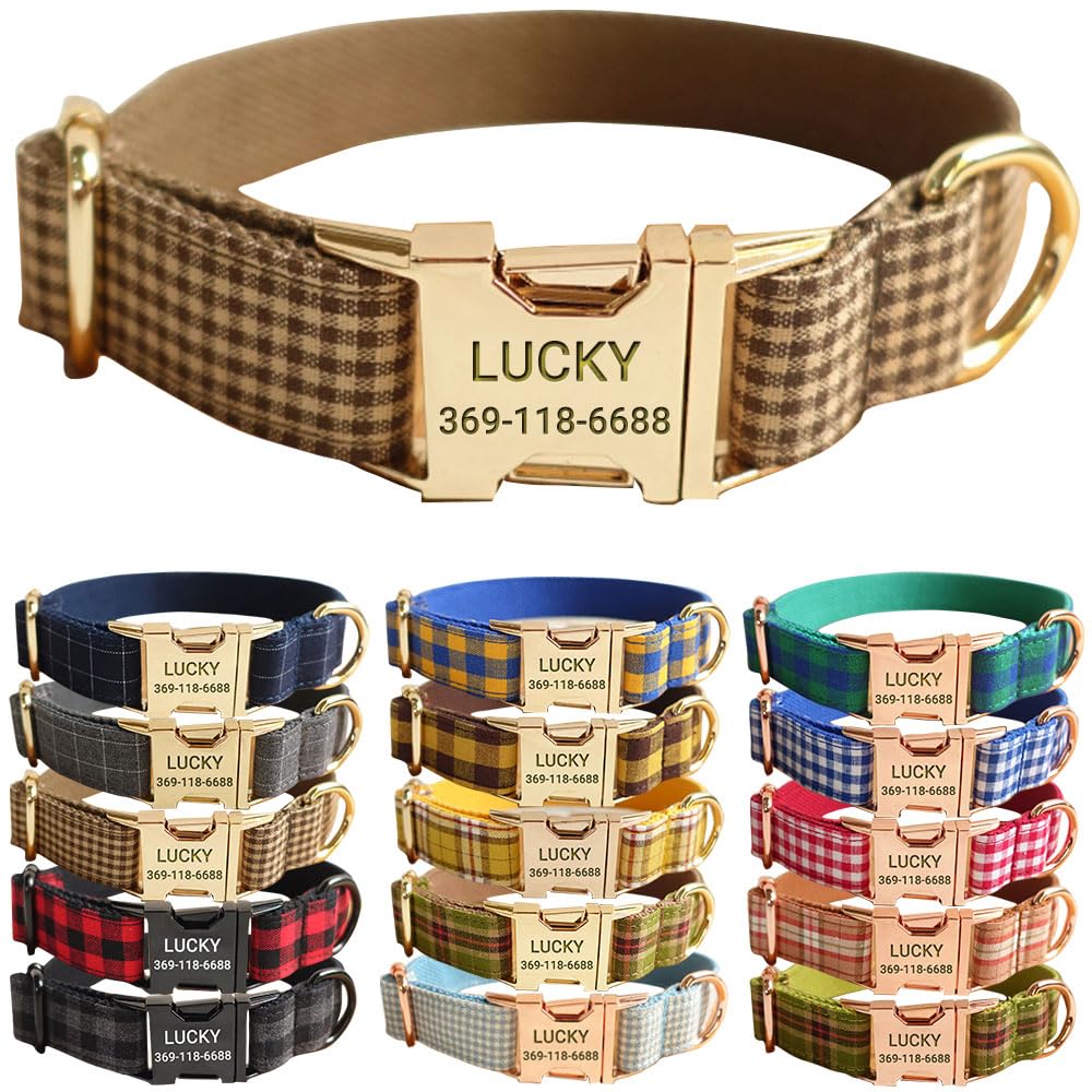 PETDURO Personalized Gingham Plaid Dog Collar Coffee with Name and Phone | Heavy
