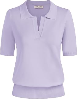 Kate Kasin Womens Short Sleeve V Neck Polo Shirt Casual Ribbed Knit Top