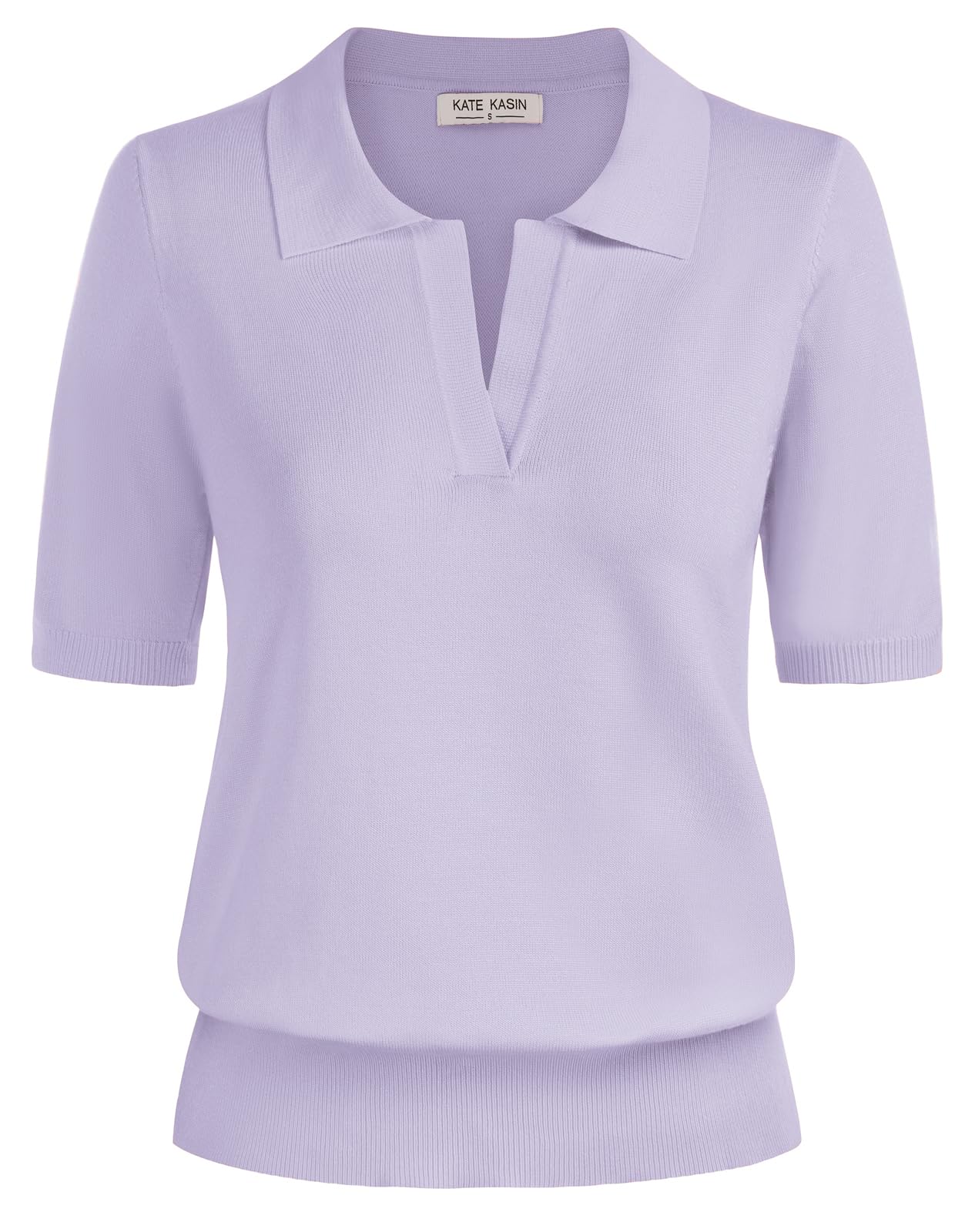 Kate Kasin Womens Short Sleeve V Neck Polo Shirt Casual Ribbed Knit Top