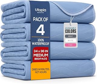 4 Pack Waterproof Reusable Heavy Absorbency Incontinence Bed Pads 34"x36" | Utopia Bedding Washable Underpads, Chuck Pads for Adults, Kids, Elderly and Pets, Bedwetting Pads for Sofa and Couch, Blue