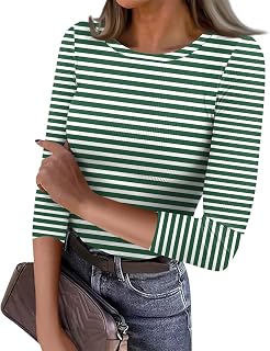 Women's T-Shirt Ribbed Slim Fit Basic Tee Shirts Striped Crew Neck 3/4 Sleeve Summer Tops Casual Blouse Tops