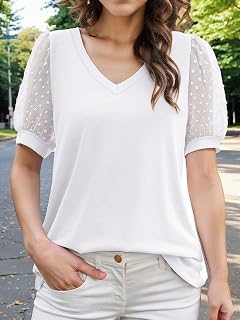 Summer Tops for Women V Neck Casual Swiss Dot Puff Sleeve Loose Hiking Tops