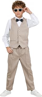 LOLANTA 4 Pieces Label Suit Boy Vest Set Boys Birthday Party Clothes Beige/Blue/Grey/Green, 2-11 Years