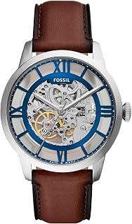 Fossil Men's Townsman Automatic Stainless Steel and Leather Three-Hand Skeleton Watch, Color: Black, Cognac (Model: ME3098)