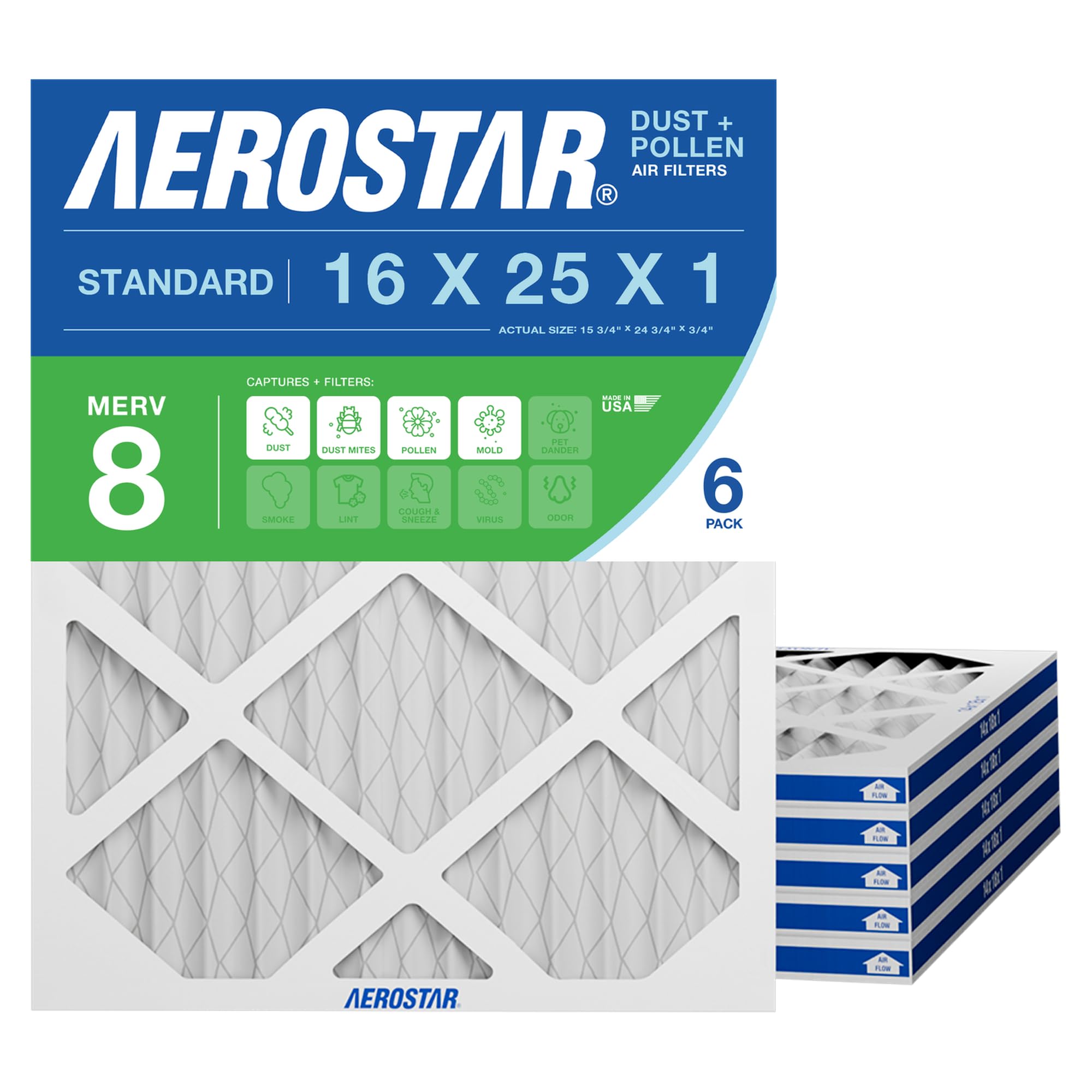 Aerostar Air Filter 16x25x1 MERV 8 AC Filter, HVAC, Furnace Filter, 6 Pack | ACT