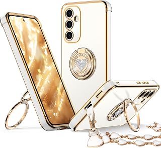 XYZ for Galaxy S24 Case with Stand, for Samsung Galaxy S24 Case with Double Ring, Women Girls Bling Luxury Protective Phone Case Heart for Samsung S24, White