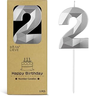 BEAN LIEVE 2.76 Inch Silver Number Candles 2 - Diamond Birthday Cake Candles with Metallic Finish for Party, Anniversary, Graduation Decorations.