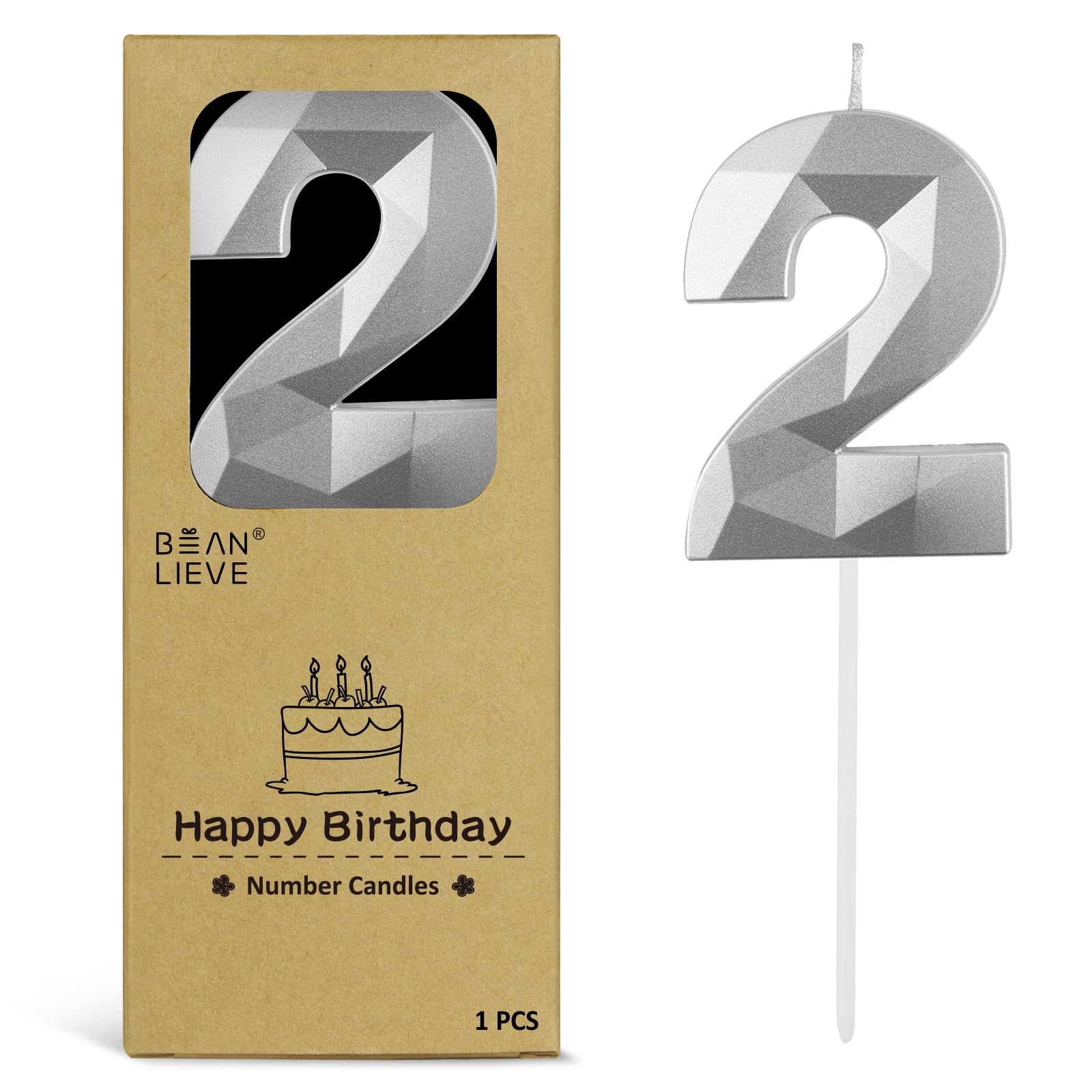 BEAN LIEVE 2.76 Inch Silver Number Candles 2 - Diamond Birthday Cake Candles wit