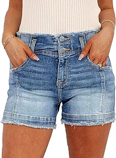 Flamingals Women's Jean Shorts Stretchy Mid Waist Straight Leg Raw Hem Tummy Control Denim Shorts