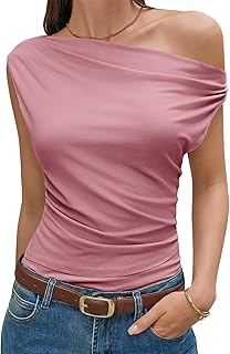 Cicy Bell Womens Summer Off One Shoulder Tank Tops Asymmetrical Ruched Tops