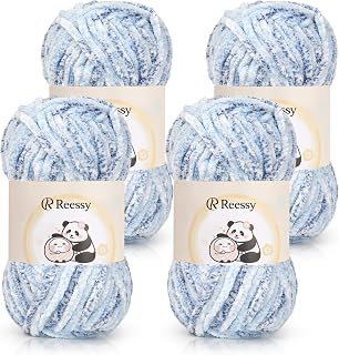 Reessy Chenille Yarn 400g (4x100g) Super Soft Chenille Yarn Chunky Yarns for Crochet Knitting Fluffy Velvet Chenille Wool Crochet Exquisite Craft Amigurumi Baby Blanket (Ice Blue)