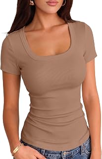 VICHYIE Women Square Neck Ribbed Knit Slim Fitted Casual Top