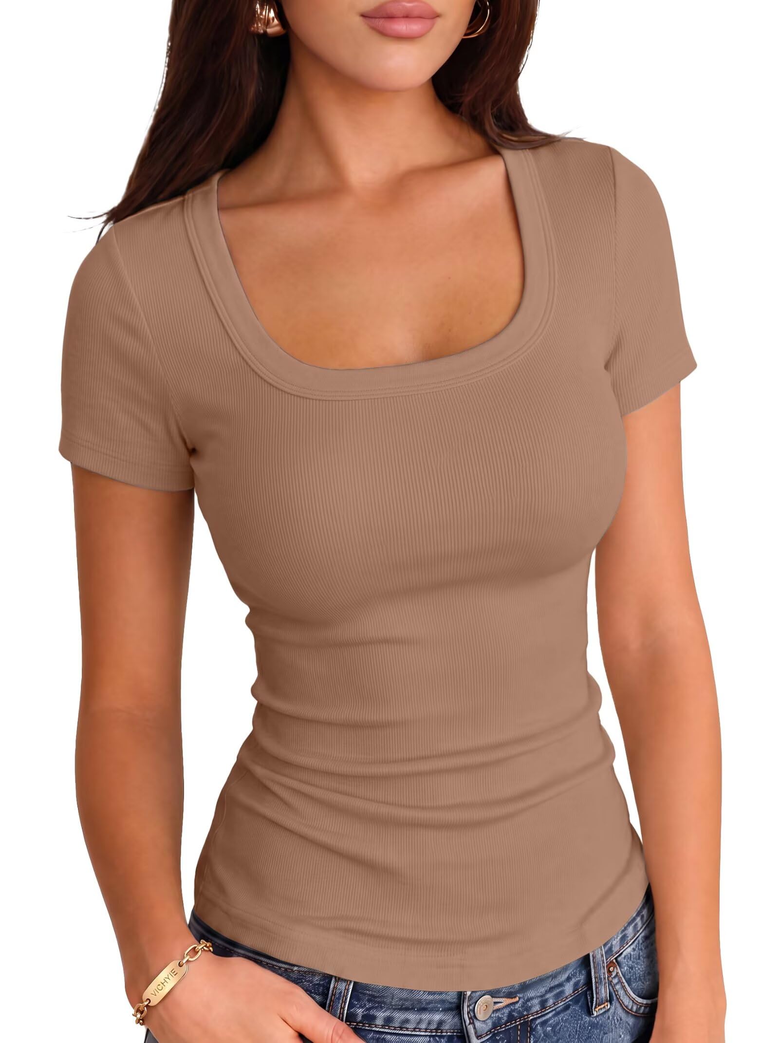 VICHYIE Women Square Neck Ribbed Knit Slim Fitted Casual Top
