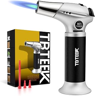 TBTeek Kitchen Butane Torch with Safety Lock for Baking, Crafts & Steak | 2500°F Adjustable Continuous Flame, One-Button Piezo Ignition, Ergonomic Comfort Grip, 3 Refill Adapters(Butane Not Included)