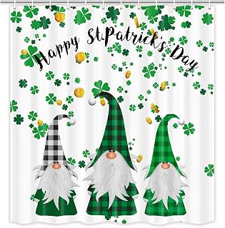 MERCHR Happy St. Patrick's Day Shower Curtain Green Clover Leaf Irish Gnome Irish Elf Buffalo Check Decorative Fabric Bathroom Curtains with Hooks 180 x