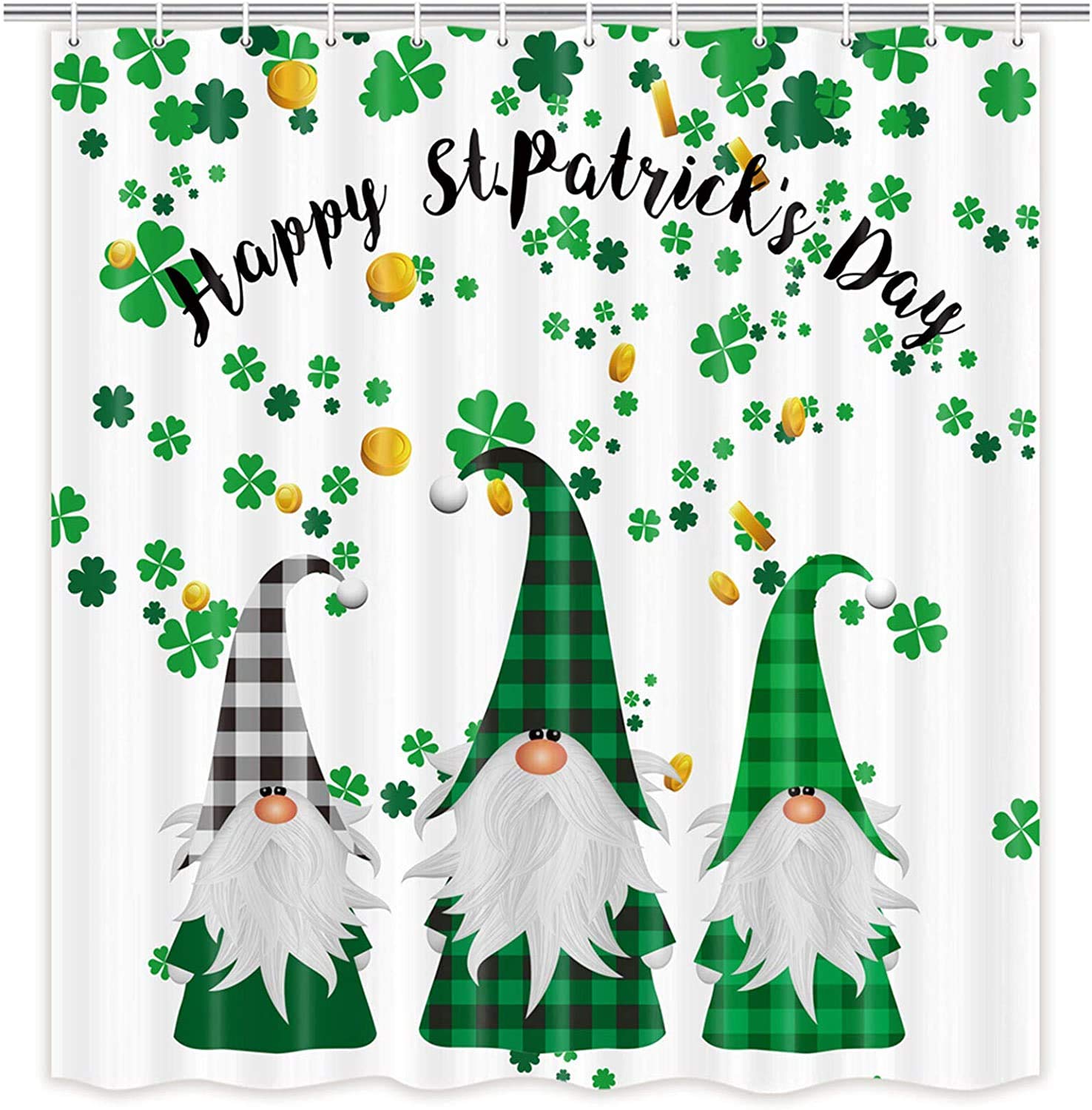 MERCHR Happy St. Patrick's Day Shower Curtain Green Clover Leaf Irish Gnome Iris
