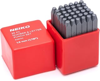 NEIKO 02629A Number and Letter Punch Set with Heat-Treated Steel Punches, Imprinting &amp; Arts and Crafts, 1/16" (1.5MM) Shaft, 36 Pc Stamp Set, Uppercase Letter &amp; Number Punch Set (A-Z / 0-8 / "&amp;")