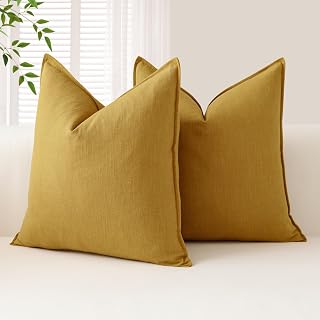 OTOSTAR Pack of 2 Linen Throw Pillow Covers 16 x 16 Inch, Soft Boho Decorative Throw Pillow Covers for Couch Sofa Chair Bedroom Farmhouse Home Decor Mustard