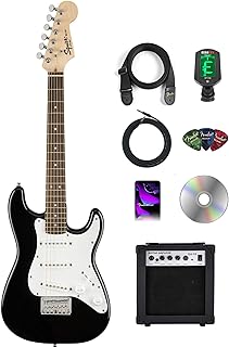 Fender Squier 3/4-Size Kids Mini Strat Electric Guitar - Black Bundle with Amplifier, Instrument Cable, Tuner, Strap, Picks, and Austin Bazaar Instructional DVD
