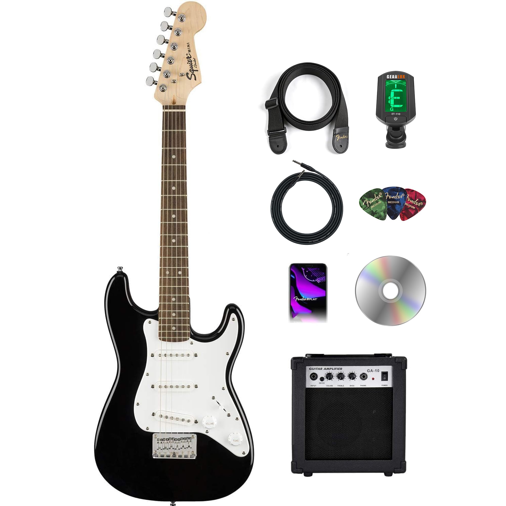 Fender Squier 3/4-Size Kids Mini Strat Electric Guitar - Black Bundle with Ampli