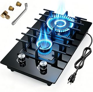 12 Inch Gas Cooktop 2 Burner, Black Tempered Glass Gas Hob Propane Cooktop | Max 14,660 BTU 2 Burner Gas Stove with Thermocouple Protection, LPG/NG Convertible Dual Fuel Natural for Kitchen Apartment RV