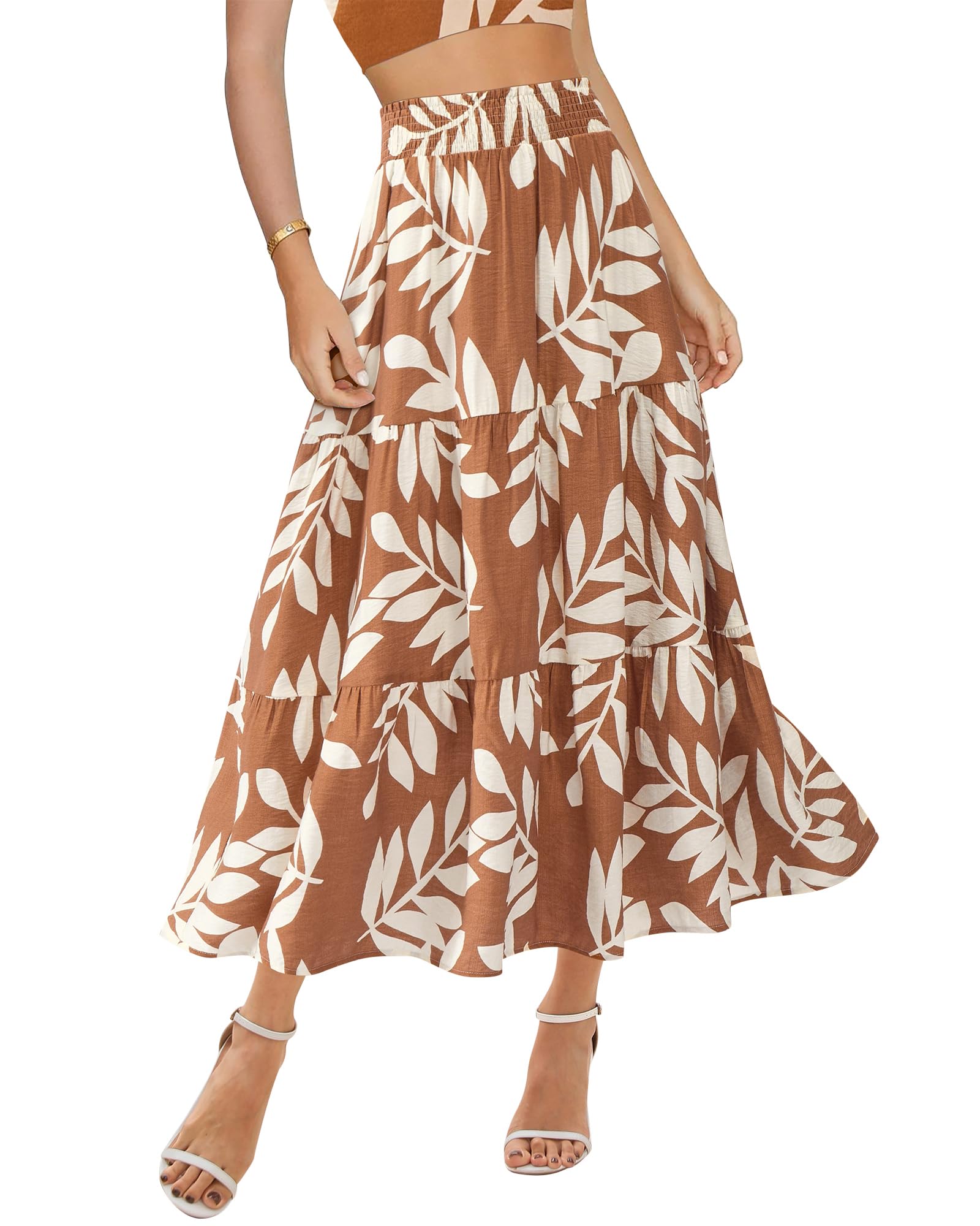 BTFBM Women's Floral Print Summer Casual Elastic High Waist Pleated Flowy Long S