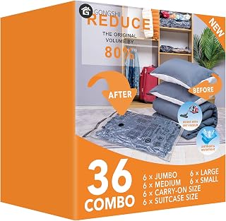 36 Pack Vacuum Storage Bags, (6 Jumbo, 6 Large, 6 Medium, 6 Small, 6 Travel roll up bags,6 small Travel roll up bags) Space Saver Bag for Clothes, Blanket, Duvets, Pillows, Comforters