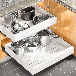 Pull out Cabinet Organizer, 2-pack, Expandable(12"-20") Heavy Duty Slide out Drawers Fixed with Adhesive Nano Film for Pots, Roll out Shelf Storage for Kitchen Base Cabinet Organization(3 Rails)