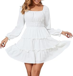 Amoretu Women’s Square Neck Long Sleeve Dress Tiered Ruffle A-Line Flowy Mini Dresses with Pockets