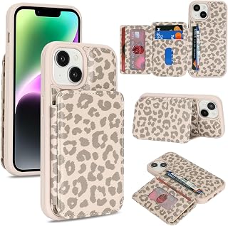 Cavor Custodia a portafoglio compatibile con iPhone 14 con porta carte, slot di credito cavalletto custodia per telefono per donne e uomini, custodia protettiva in pelle PU - beige leopardo