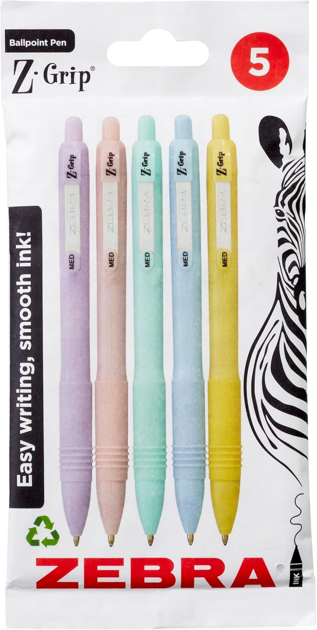 Zebra Pen Z-GRIP Smooth Ballpoint Pens Black Ink 5pk - Pastel Barrel 1mm Medium 