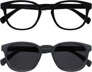 OPULIZE Pop Double Pack Reading Glasses Sun Readers Retro Round Black Grey Men Women Spring Hinges RS2-17 +2.00