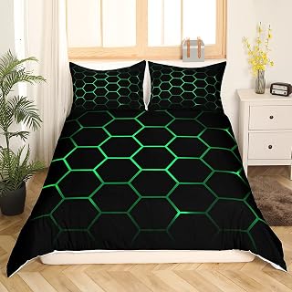 Feelyou Hexagonal Bedding Set 3D Geometric Honeycomb Duvet Cover for Kids Boys Girls Luxury Beehive Hexagon Comforter Cover Neon Green Black Decor Bedspread Cover Bedroom Collection 2Pcs Twin Size