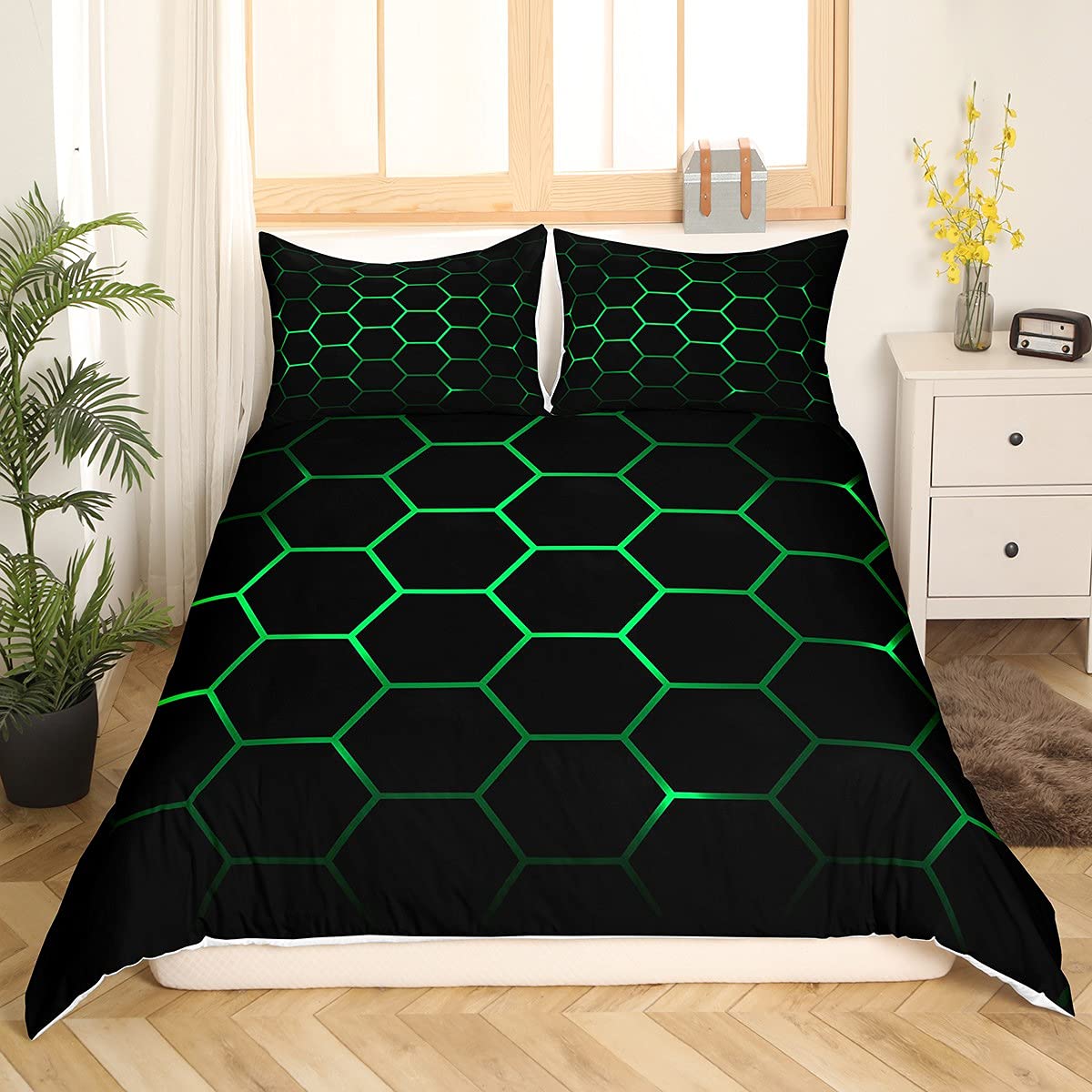 Feelyou Hexagonal Bedding Set 3D Geometric Honeycomb Duvet Cover for Kids Boys G