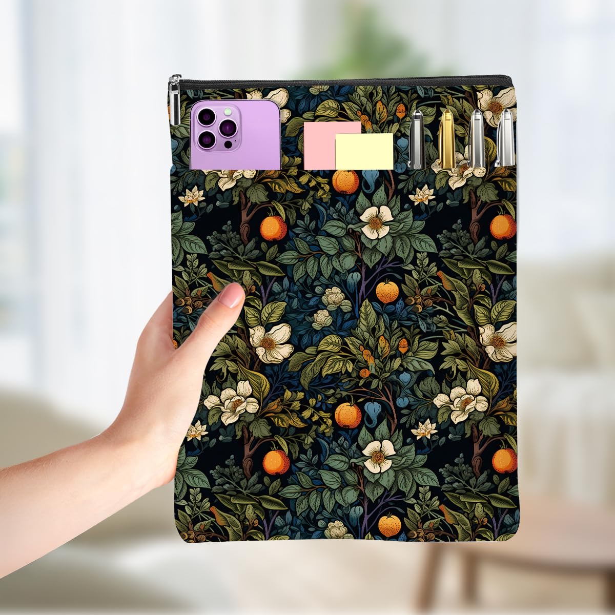 Classic Waterproof Blanket with Front Pocket - Forest Floral - Orange