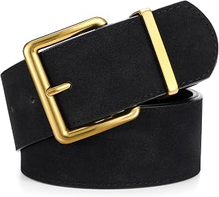 LEACOOLKEY Women Wide Leather Belt for Dresses Thick Chunky Belt with Big Gold Buckle Fashion Ladies Belt for Jeans