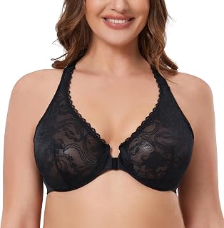 MELENECA Women's Plus Size Unlined Lace Front Closure Bra with Unlined Neckline Back