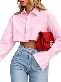 Remidoo Women's Asymmetrical Hem Long Sleeve Button Up Shirt Crop Top Blouse