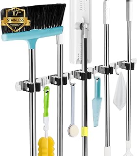 AceMining Broom Holder Wall Mount, 5 Racks 4 Hooks Heavy Duty Mop Organizer | Mop Holder Wall Mount and Broom Hanger for Garage, Laundry Room, Kitchen and Utility Storage