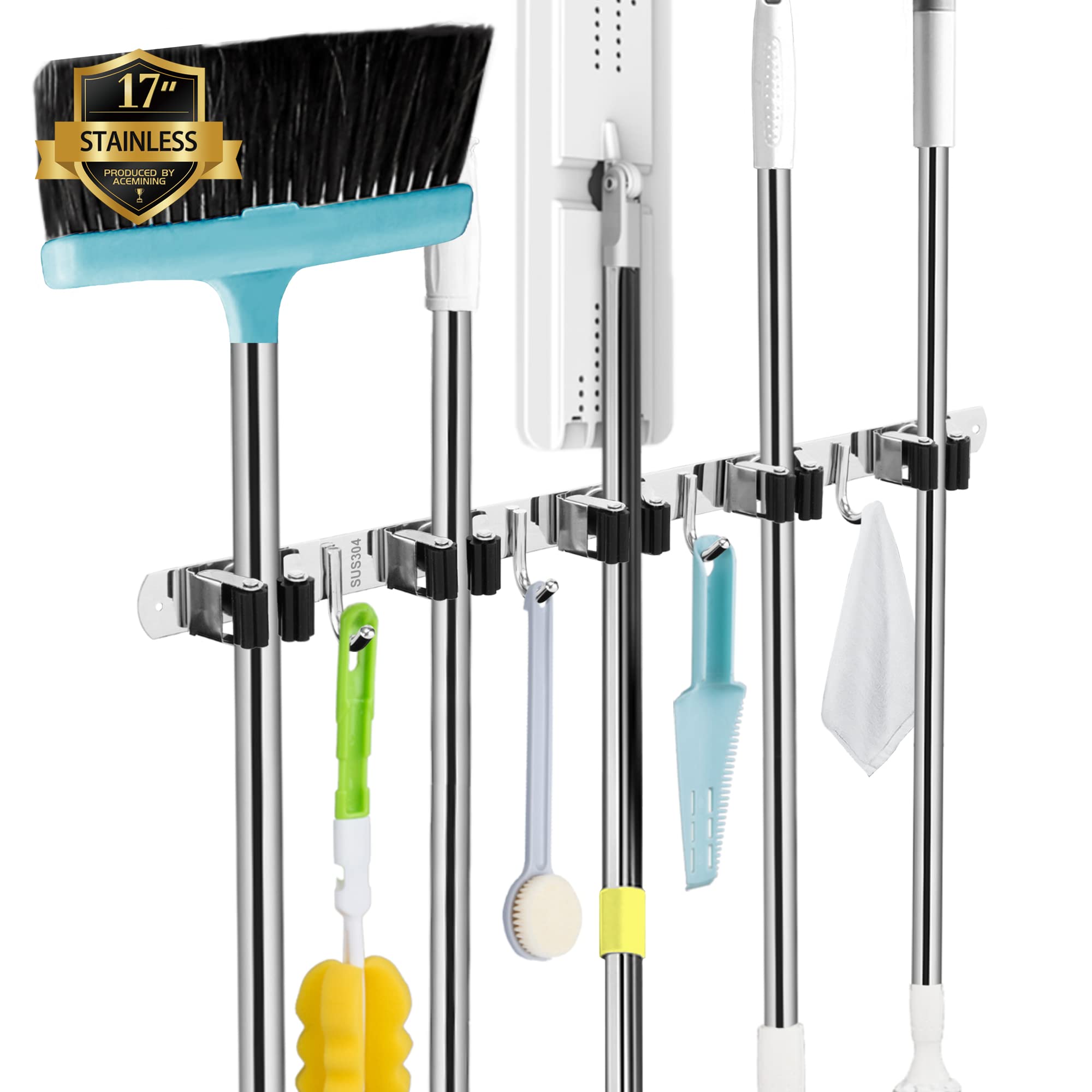 AceMining Broom Holder Wall Mount, 5 Racks 4 Hooks Heavy Duty Mop Organizer | Mo