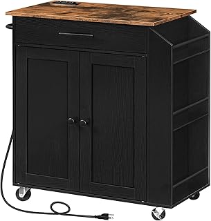 HOOBRO Kitchen Island with Power Outlet, Kitchen Storage Islands with Spice Rack and Drawer, Rolling Kitchen Cart on Wheels, for Home, Kitchen and Dining Room, Rustic Brown and Black BF82UZD01G1