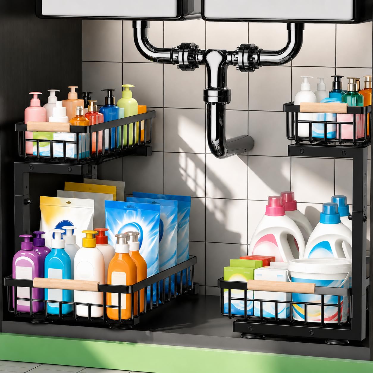 GeeBom Under Sink Organizer 2 Pack, Double Slide Out Metal Shelf, Black | Pull O